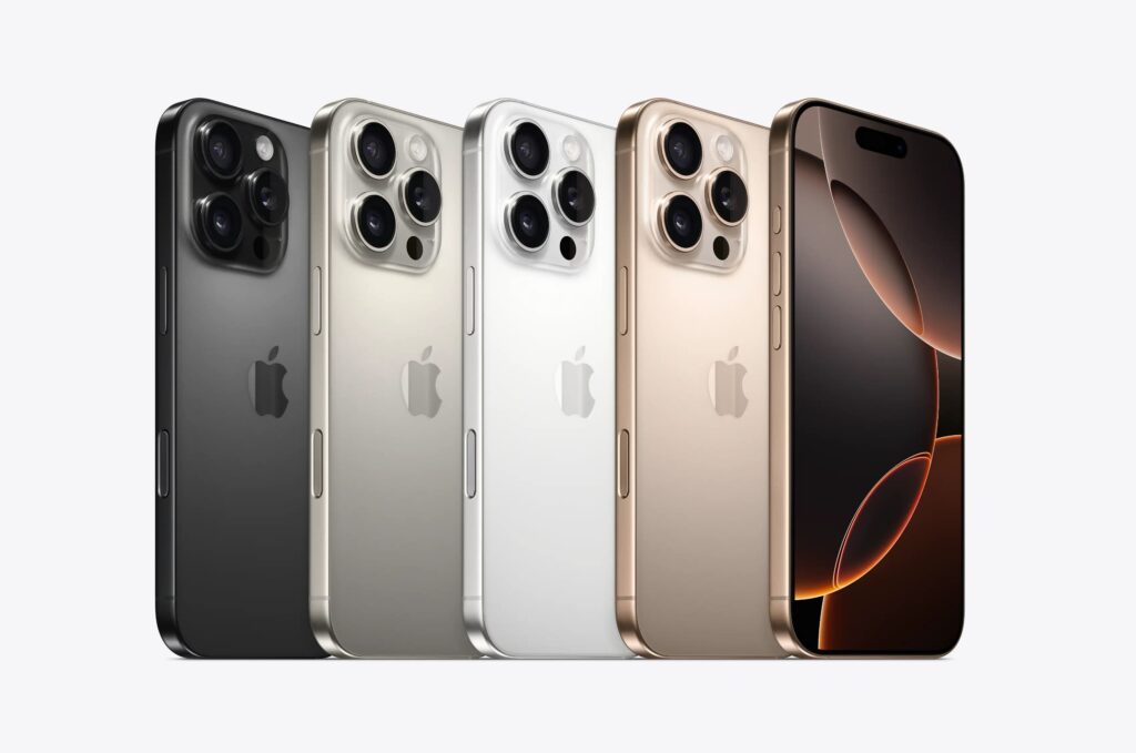 A lineup of Apple iPhone 16 Pro models in various colors, showcasing the sleek design and premium finish of the flagship devices.