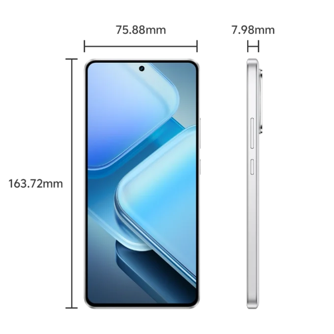 iQOO Z9 Turbo smartphone dimensions with a height of 163.72mm, width of 75.88mm, and thickness of 7.98mm.