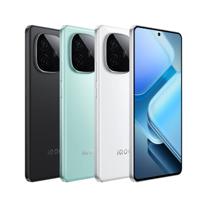 iQOO Z9 Turbo smartphones in black, mint green, and white variants, highlighting their slim profiles and premium designs.