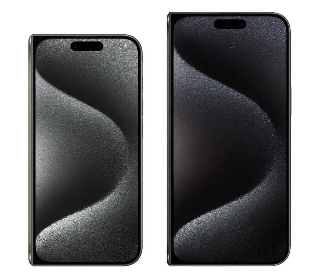 Render of a foldable iPhone showing the sleek front design with a glossy finish and a curved fold.