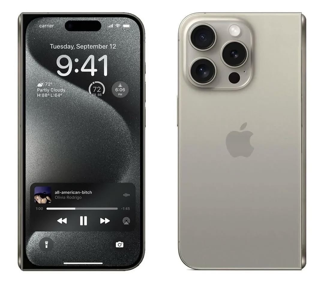 Render of a foldable iPhone showing the front screen displaying widgets and music playback, alongside the back with triple-camera design.