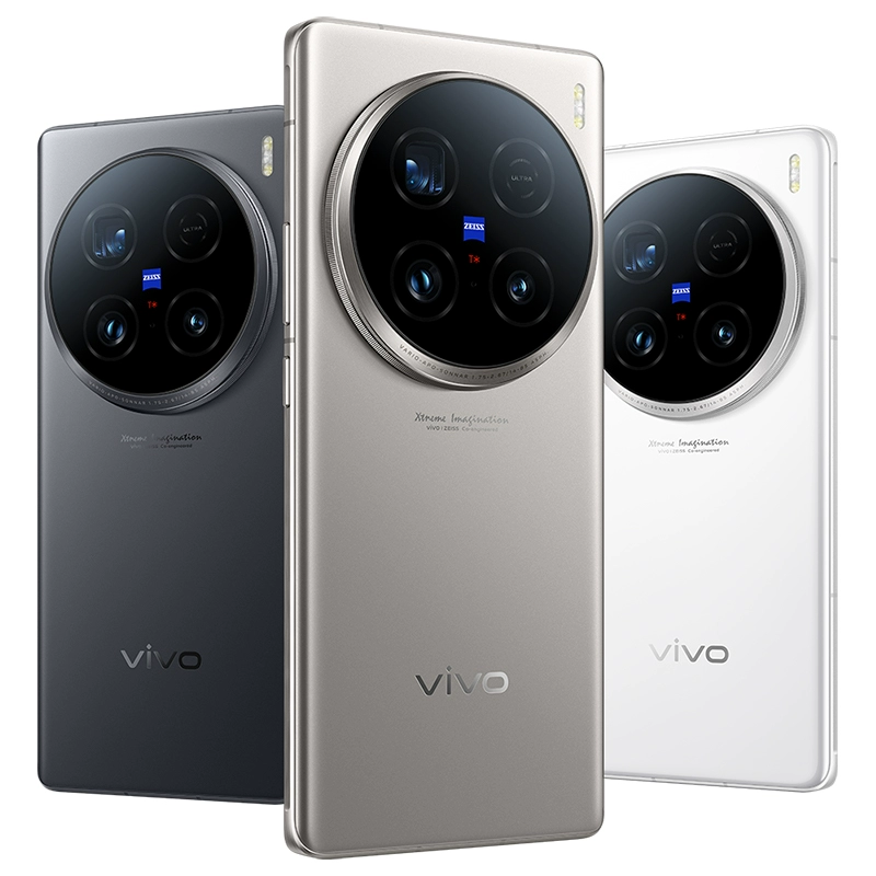 Vivo X100 Ultra smartphones in black, silver, and white variants, highlighting the premium design and circular camera module.