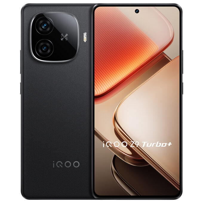 iQOO Z9 Turbo+ smartphone in black color, showcasing a sleek design with dual rear cameras and a vibrant AMOLED display.