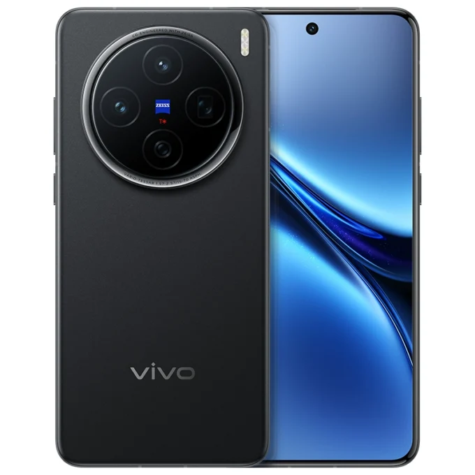 Vivo X200 in black with a sophisticated matte finish, circular camera design, and seamless AMOLED display.