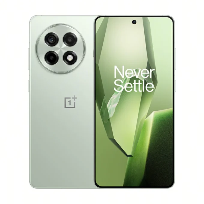 Front and back view of the OnePlus Ace 5 green version. The back is green with a prominent circular camera module containing lenses.