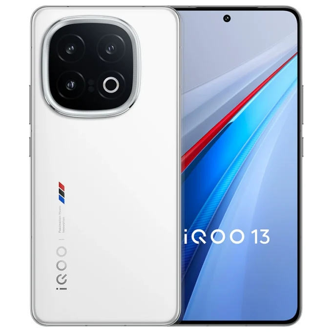 iQOO 13 smartphone in white with a signature sporty stripe design and an edge-to-edge display.