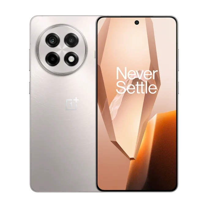 Front and back view of the OnePlus Ace 5 white version. The back is gold with a prominent circular camera module containing four lenses.