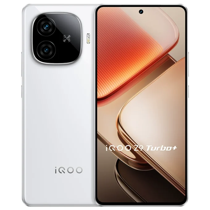 iQOO Z9 Turbo+ smartphone in white color, featuring a modern dual-camera setup and an immersive AMOLED screen with a centered punch-hole display.