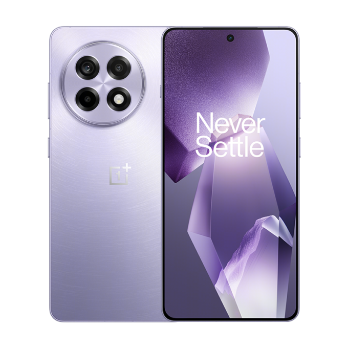 A OnePlus Ace 5 Pro / OnePlus 13T smartphone in a Purple finish. It features a round quad-camera module and the “Never Settle” slogan displayed prominently on the screen.