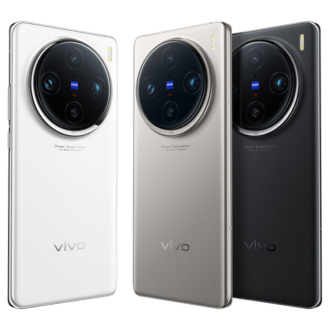 Vivo X100s Pro smartphones displayed in white, silver, and black variants, emphasizing their sophisticated design and versatile color options