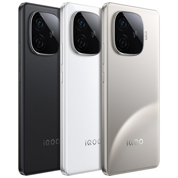 iQOO Z9 Turbo+ smartphones in black, white, and gold color variants, highlighting their premium design and color options.