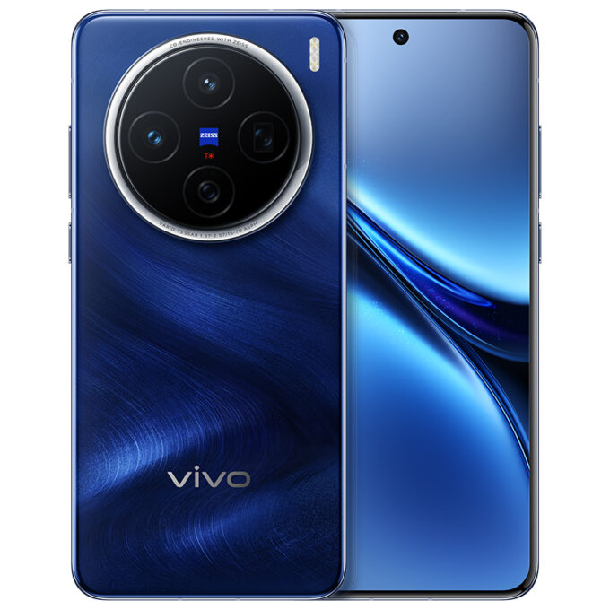 Vivo X200 smartphone in blue, showcasing its elegant design, circular triple-camera module, and immersive AMOLED display