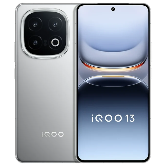 iQOO 13 smartphone in silver with a high-quality triple rear camera and a bright, immersive display.