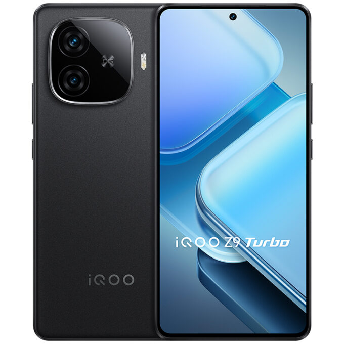 iQOO Z9 Turbo smartphone in black color with a sleek design, dual rear cameras, and a vibrant AMOLED display.