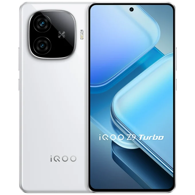 iQOO Z9 Turbo smartphone in white color, featuring a modern look with a centered punch-hole AMOLED display