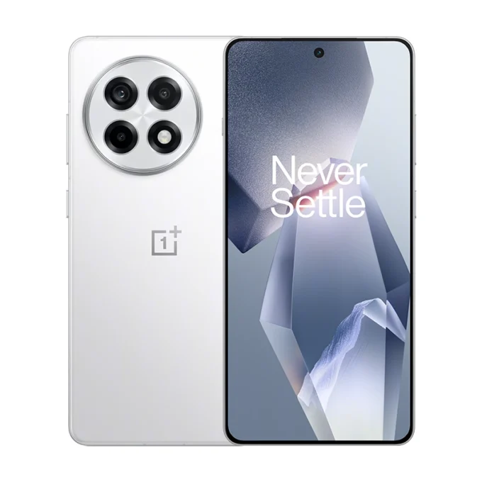 A OnePlus Ace 5 Pro / OnePlus 13T in a white finish. The phone displays its signature circular quad-camera layout and the “Never Settle” branding on the screen.