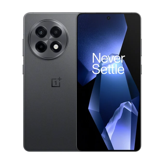 A OnePlus Ace 5 Pro / OnePlus 13T in matte black. The round quad-camera module is a standout design element, complemented by the “Never Settle” slogan on the display.