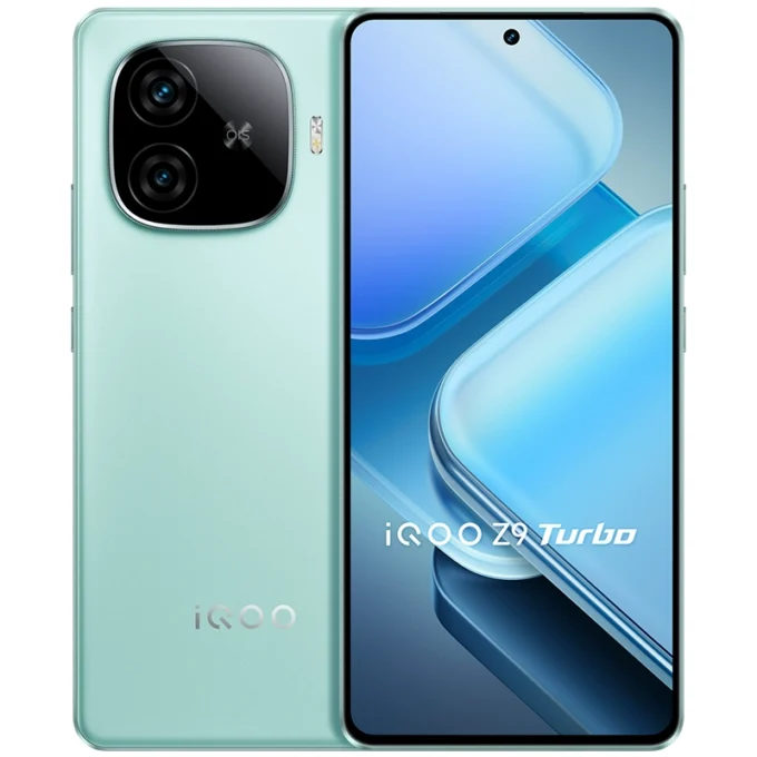 iQOO Z9 Turbo smartphone in mint green color, showcasing its dual rear cameras and immersive AMOLED screen.