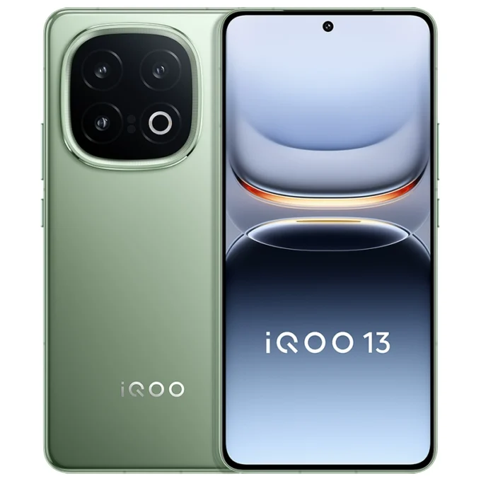 iQOO 13 smartphone in green color, featuring a sleek design with a triple rear camera and a centered front punch-hole display