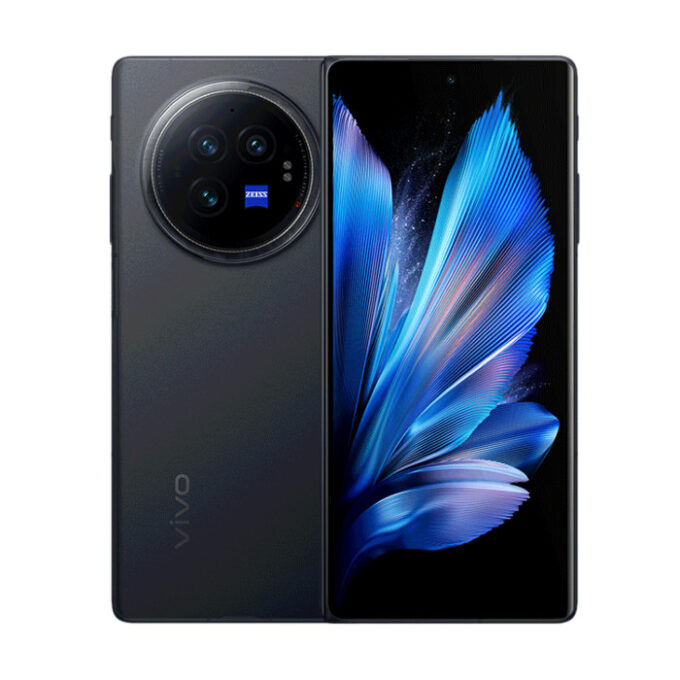 Black Vivo X Fold 3 Pro with a folded view, showcasing its outer screen and camera module.