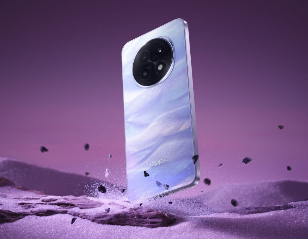 The OPPO A5 Pro in its purple finish showcased on a rugged purple sand texture background.