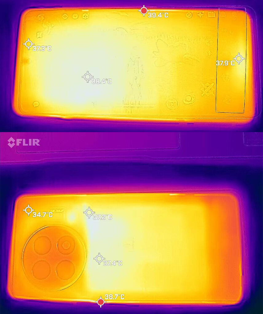 Thermal imaging of the OnePlus 13R under load, highlighting efficient heat dissipation.