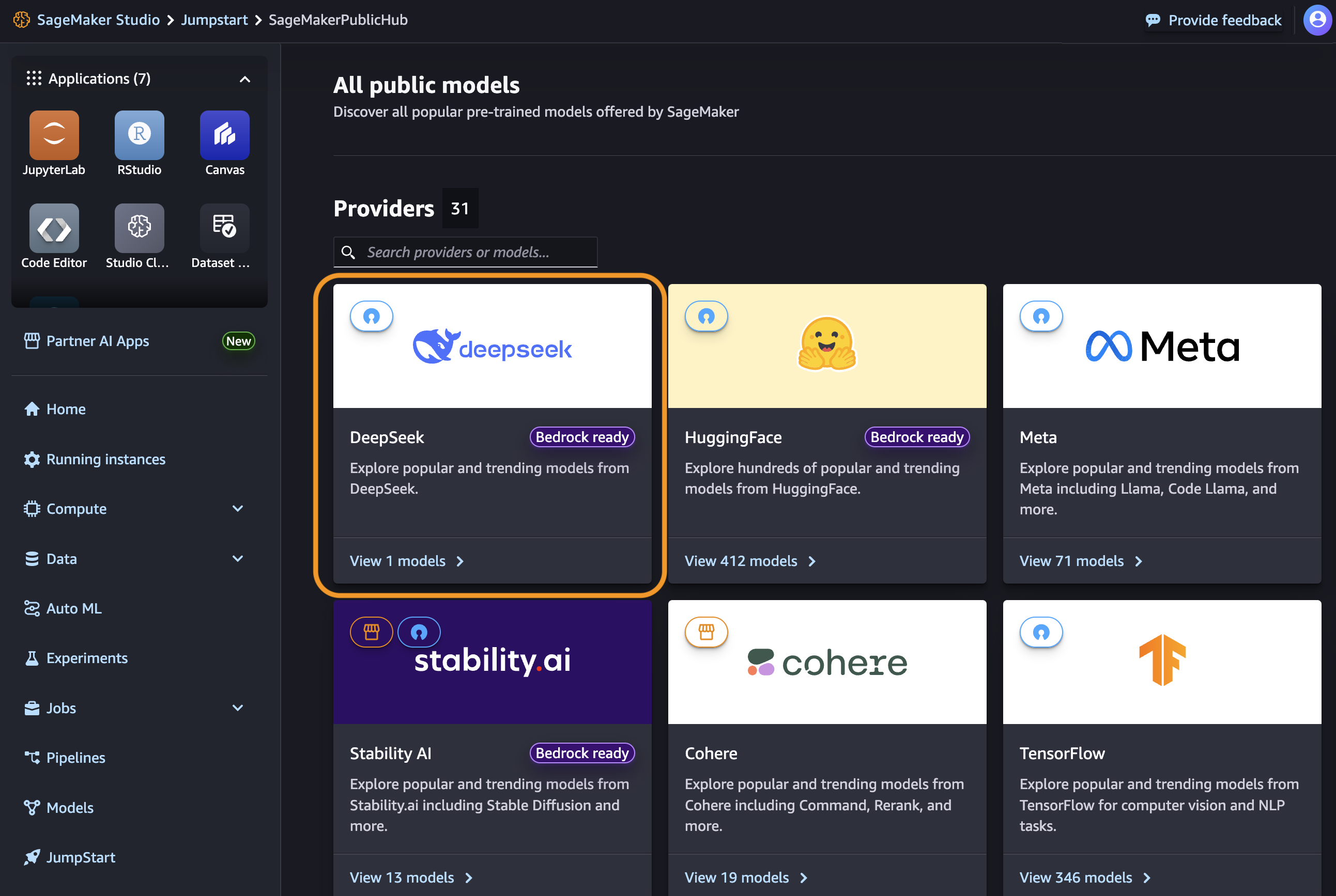 A screenshot of the Amazon SageMaker Studio “All public models” page, highlighting the DeepSeek provider tile among other AI model providers like HuggingFace, Meta, Stability AI, and Cohere.