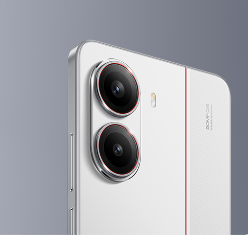 Redmi Turbo 4 dual-camera module with a white textured back and a red accent line for a premium look.