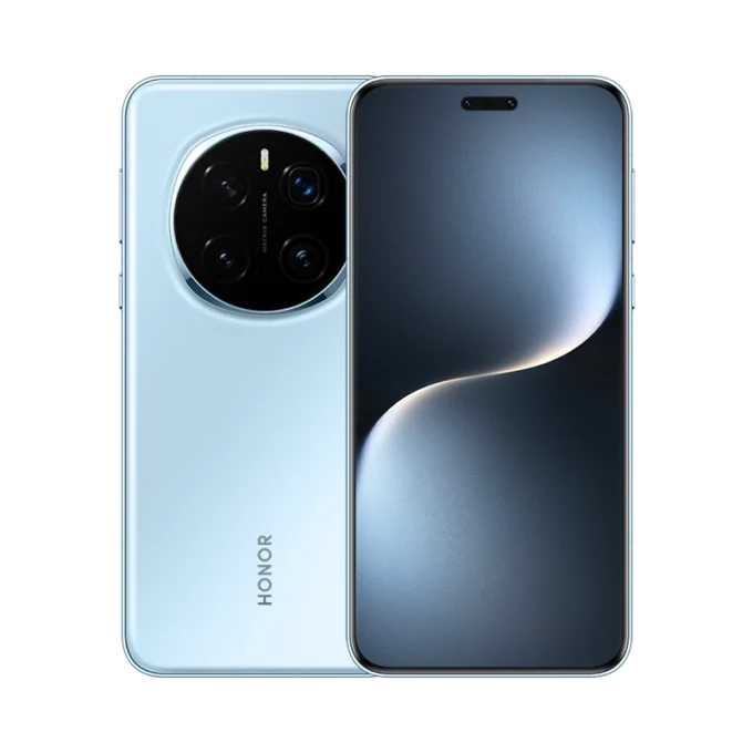 Honor Magic 7 Pro smartphone in light blue color, with front and back views displayed side by side.