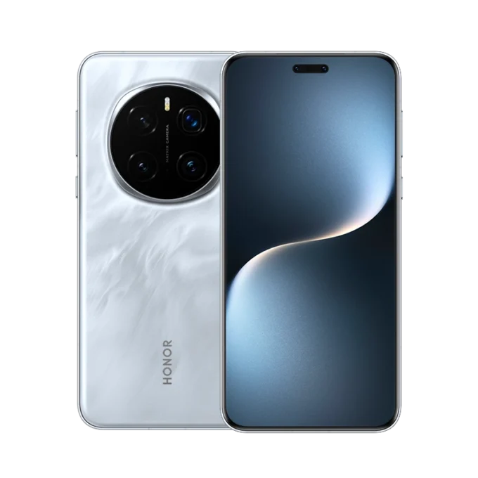 Honor Magic 7 Pro smartphone in a pearlescent white finish, with front and back views displayed side by side, highlighting its glossy texture.