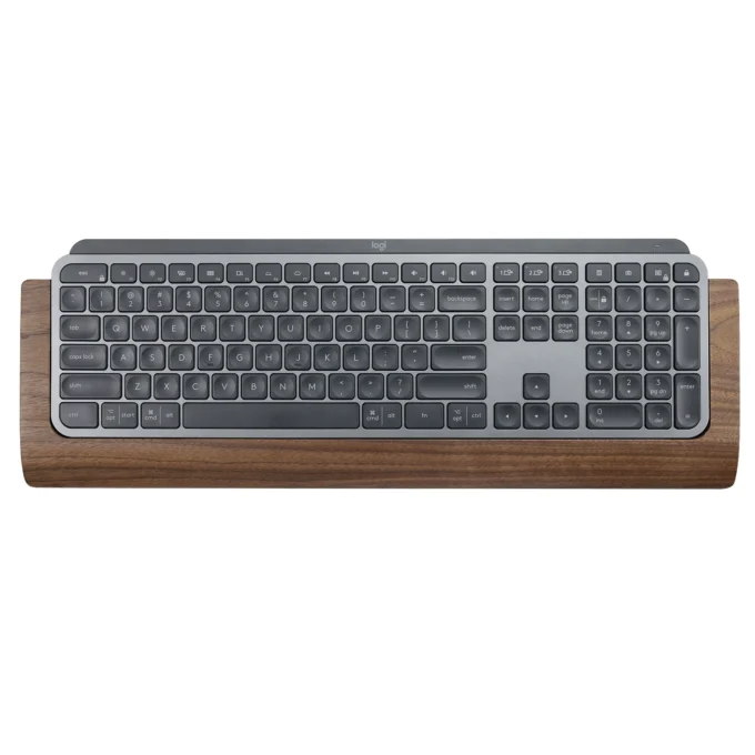 Front-facing shot of a Walnut Wood Wrist Rest Tray for the Logitech MX Keys Series & Craft Keyboard, snugly fitting the full-size keyboard and showcasing the tray’s smooth, dark grain.