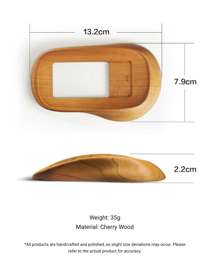 Wooden ergonomic stand for Apple Magic Mouse, handcrafted from cherry wood, enhancing comfort and protecting the mouse.