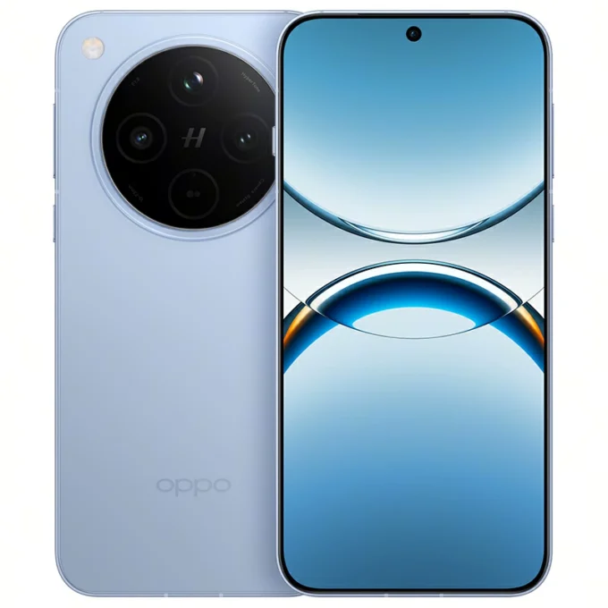 Front and back view of the OPPO Find X8 in light blue color with triple camera setup.