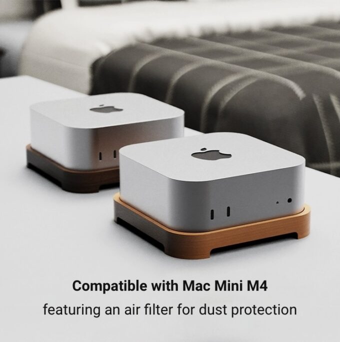 Two Mac Mini M4 resting on elegant walnut stands with built-in air filters for added dust protection and durability.