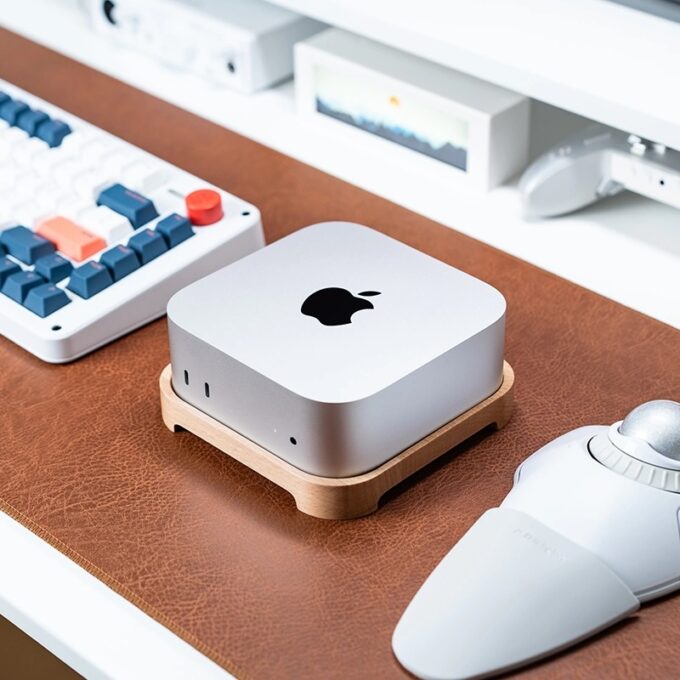 Handcrafted walnut Mac Mini stand displayed on a desk with a modern mechanical keyboard and ergonomic mouse.