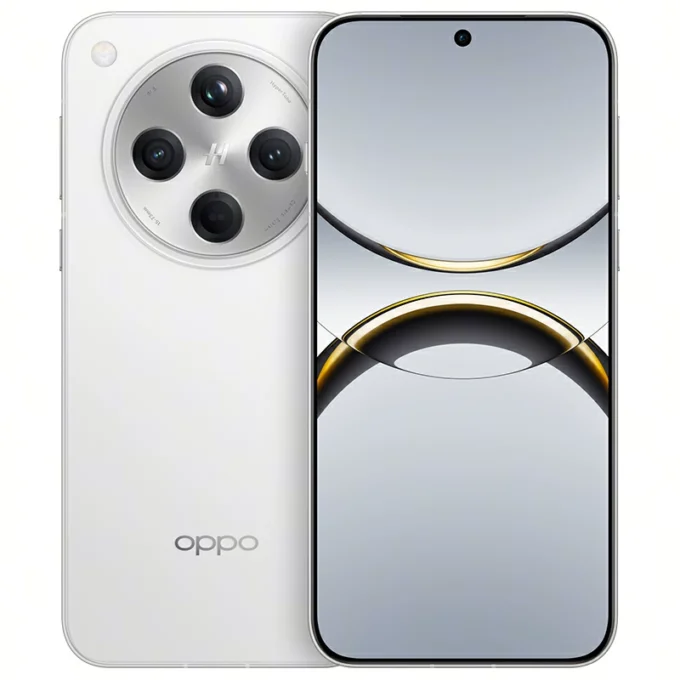 Front and back view of the OPPO Find X8 in white color with triple camera setup.