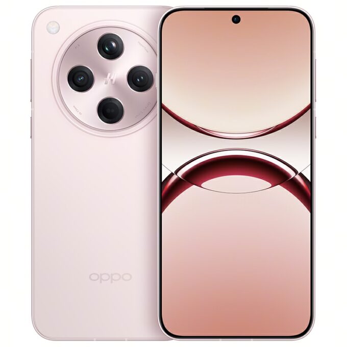 Front and back view of the OPPO Find X8 in pink color with triple camera setup.