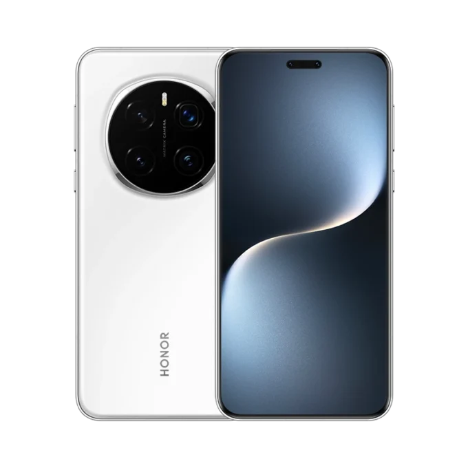 Honor Magic 7 Pro smartphone in white color, with front and back views displayed side by side.