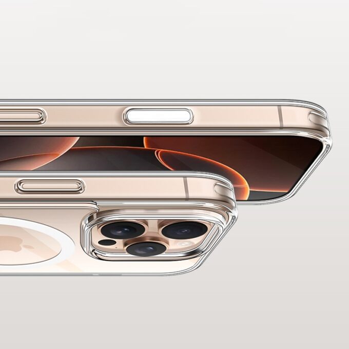 Close-up side profile of a transparent iPhone 16 case with MagSafe ring, highlighting the dedicated camera button and lens protection.