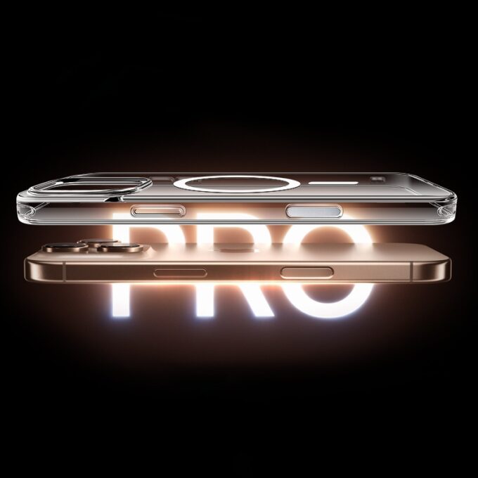 Two halves of the iPhone 16 case suspended above the word ‘PRO,’ representing dual-layer construction and robust protection.