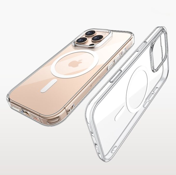 Angled shot of a clear iPhone 16 case with circular MagSafe ring, focusing on the lightweight design and camera corner protection.