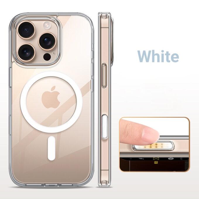 Transparent iPhone 16 case with a white MagSafe ring, illustrating the slim profile and anti-yellowing acrylic back.