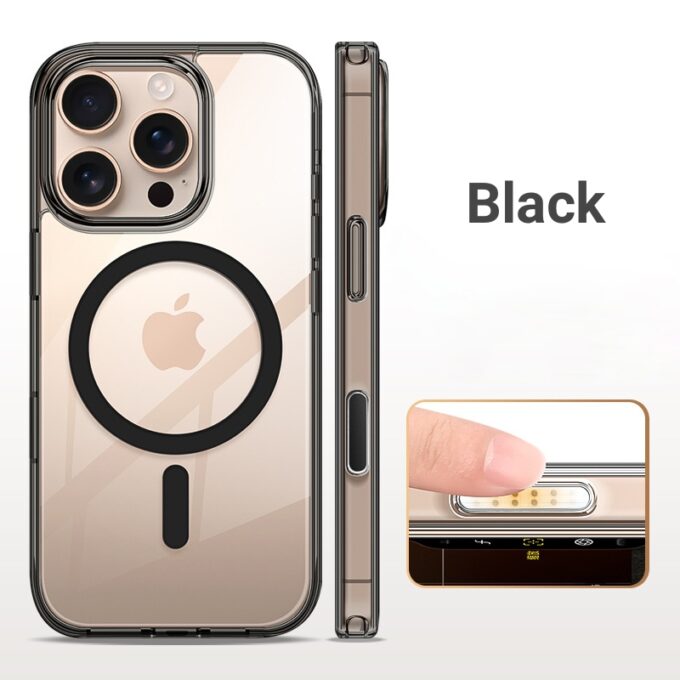 Clear iPhone 16 case with black MagSafe ring and matching black frame, displayed to show both front and rear views.