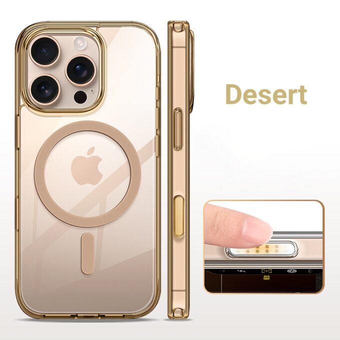 Transparent iPhone 16 case in a soft desert color with built-in MagSafe ring, highlighting the camera button cutout.