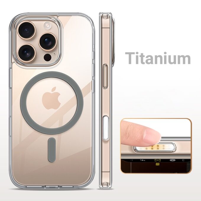 Clear iPhone 16 case in a light titanium shade with MagSafe ring, shown front and back.