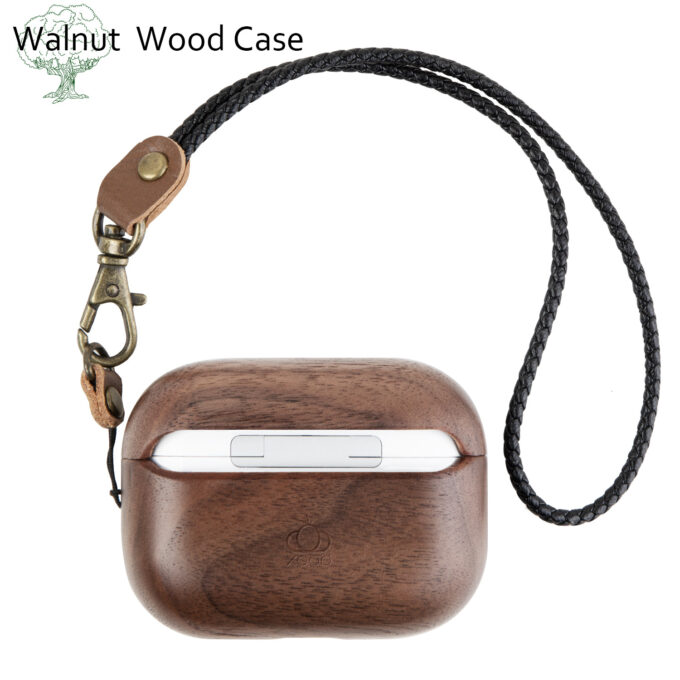 The rear view of the walnut wood AirPods case, highlighting its smooth grain texture and precision cutouts.