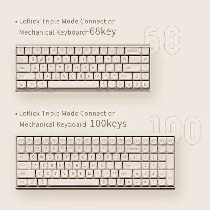 A comparison of the Lofree Tofu mechanical keyboard’s 68-key compact layout and 100-key full layout, displaying customization options.