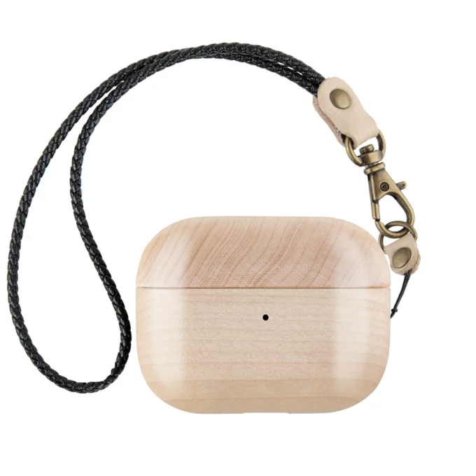 A lightweight maple wood AirPods case with a clean, light finish, paired with a leather strap for easy carrying.