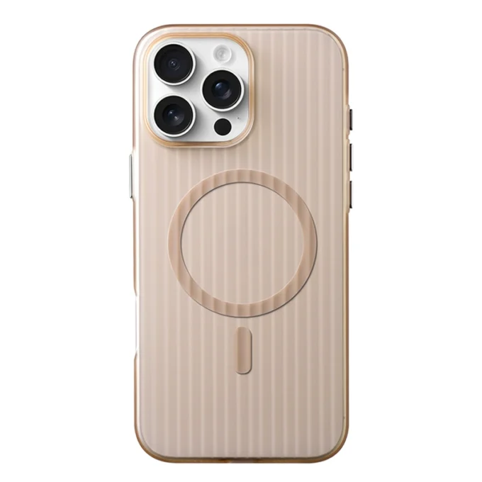 Beige desert-toned iPhone case with subtle striped texture and integrated MagSafe ring.