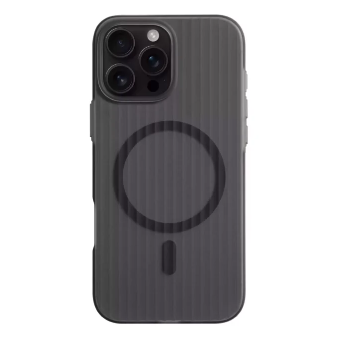 Rear view of black corrugated-style iPhone case, highlighting MagSafe ring and camera button cutout.